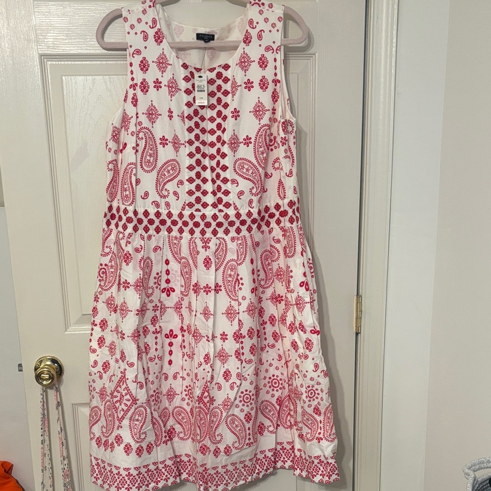 Talbots White Midi Dress with Red/Pink Paisley Print